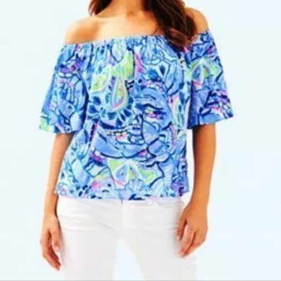 Lilly Pulitzer Sain Blue Peri in “Pinch Pinch” Print Off The Shoulder Top Sz S - Picture 11 of 12